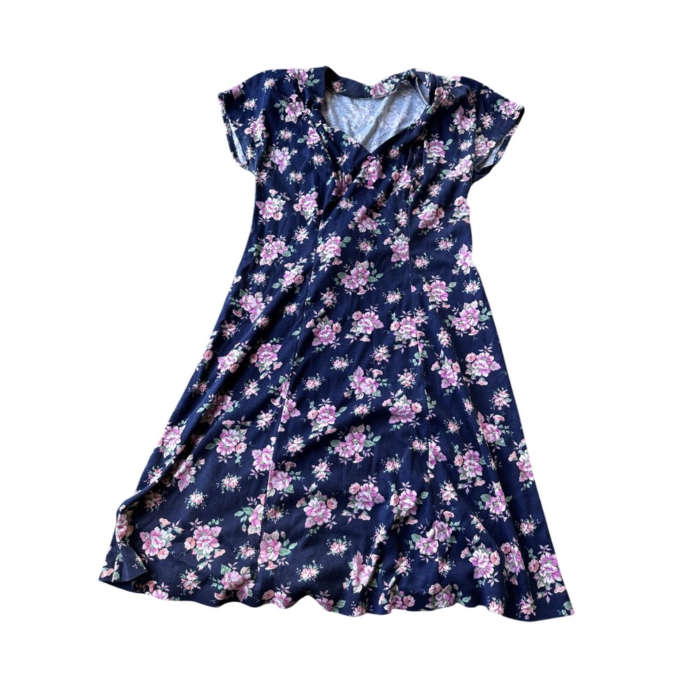 Vintage Floral Navy Blue Short Sleeve Midi‎ Dress Pink Flower Print Back Tie L